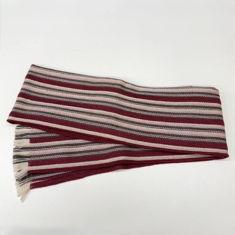 Amicale‎ 100% Merino Wool Scarf Burgundy Pink Gray Stripe Fringe Classic